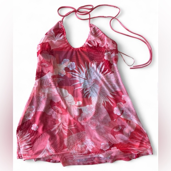Silk & Satin Womens Floral Coastal Pink Mesh Halter Lingerie Swim Cover Up Top - Picture 9 of 9